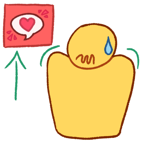 a drawing of a plain yellow person looking uncomfortable, with their shoulders raised, their mouth in a squiggly line, and a sweat droplet on their head. next to them is a pink square containing a white speech bubble that contains a red heart with a green arrow pointing to it.